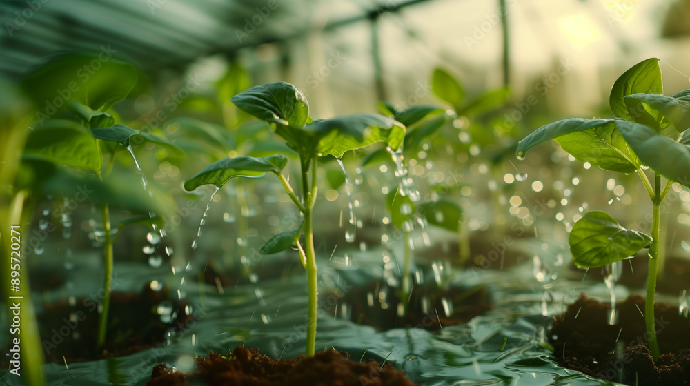 Wall mural automatic drip irrigation system watering young plants in a greenhouse