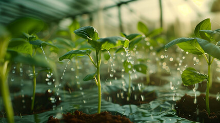 Automatic drip irrigation system watering young plants in a greenhouse
