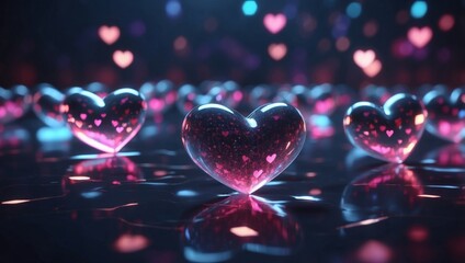 Futuristic Minimal Design Holographic Hearts Floating in a Sleek Virtual Space.