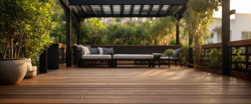Luxurious morning outdoor garden teak wood deck and black pergola in elegant design.