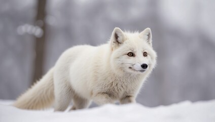 Obraz premium Graceful white arctic fox joyfully frolicking in the tranquil snow covered wilderness.