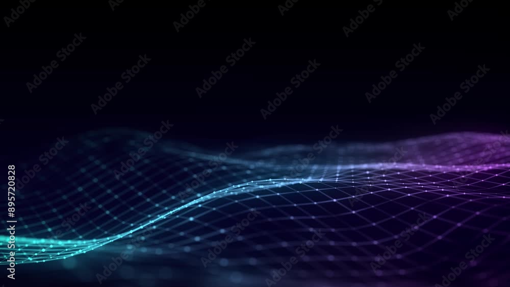 Poster Wave of particles and lines. Big data visualization. Abstract background with a dynamic wave. 3d rendering.