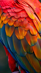 Fototapeta premium Close-Up of Exotic Parrot’s Vibrant Feathers Highlighted Against Bold Abstract Shapes 
