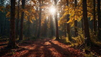 Obraz premium Colorful autumn landscape Beautiful autumn forest sunburst lens flare red dirt.