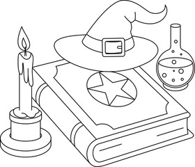 Witch Spell Book, Potion Bottle, Candle and Witch Hat Colouring. Halloween Outline Coloring Page