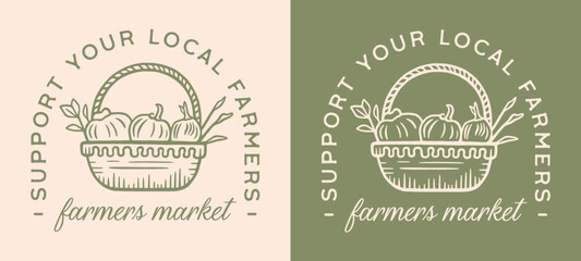 Support your local farmers market organic vegetables basket vegetarian shirt design quotes. Vintage retro green cottagecore aesthetic fresh food drawing illustration for print poster vector cut file.