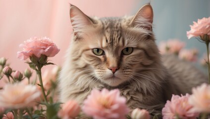 Charming cat and delicate flower on gentle pastel backdrop, ideal for text placement.