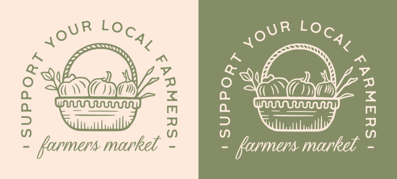 Support your local farmers market organic vegetables basket vegetarian shirt design quotes. Vintage retro green cottagecore aesthetic fresh food drawing illustration for print poster vector cut file.