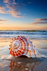 A close-up of a beautifully patterned spiral seashell rests on a sandy beach, bathed in warm sunset hues