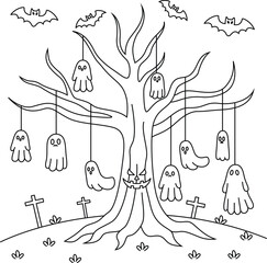 Spooky Halloween tree with hanging ghosts colouring. Halloween Outline Coloring Page