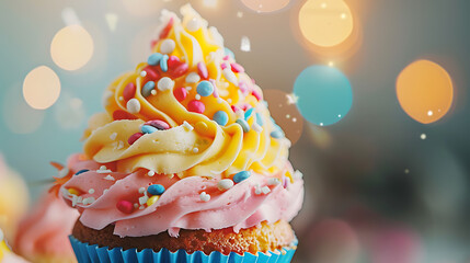 Close-Up of a Colorful Cupcake with Frosting and Decorative Toppings Studio Lighting 