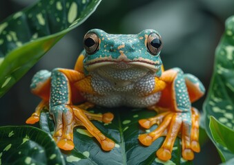 Vibrant Green and Orange Frog on a Leaf