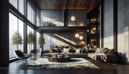 Modern interior of a living room. Penthouse Loft with dark stone walls (3d Rendering)