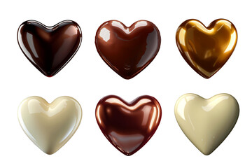 Glossy chocolate hearts 3D icons set isolated. Sweet heart shaped candy dessert. Ai generated