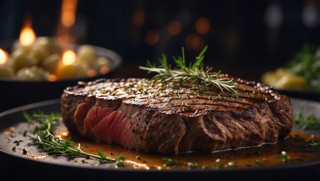Gourmet chef cooking grilled steak in rich butter lemon or cajun sauce with herbs and garnish.