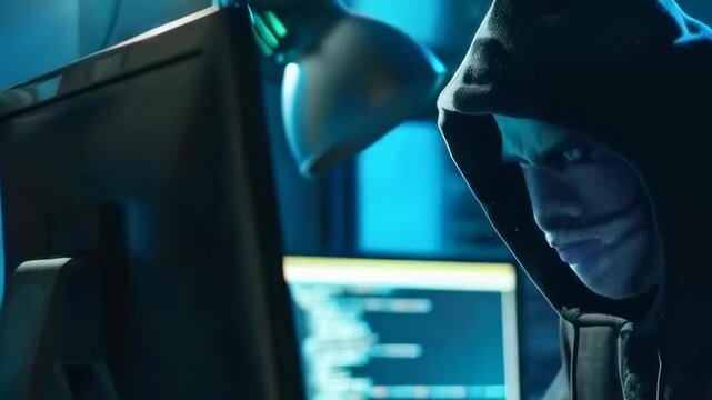 A young man wearing a black hoodie and a face mask is engaged in a cyber attack on a computer at night. He appears focused and intent as he types on the keyboard, with lines of code displayed on the