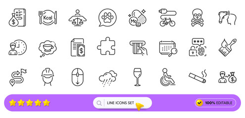 Scroll down, Working hours and Salary line icons for web app. Pack of Journey, Electronic thermometer, Smoking pictogram icons. Puzzle, Payment, Electric bike signs. Chemical hazard. Vector