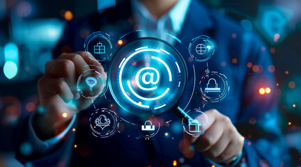  Businessman holding a magnifying glass focuses