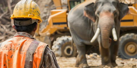 Construction Worker Elephant in Hard Hat and Vest Operating Machinery on Site 