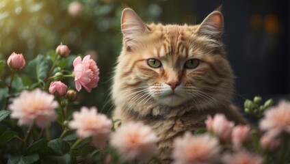 Charming cat and delicate flower on gentle backdrop, perfect for adding your own creative text.