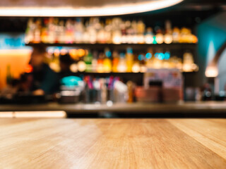 Table Top wooden Counter Bar Whisky bottles Nightclub Blurred Background