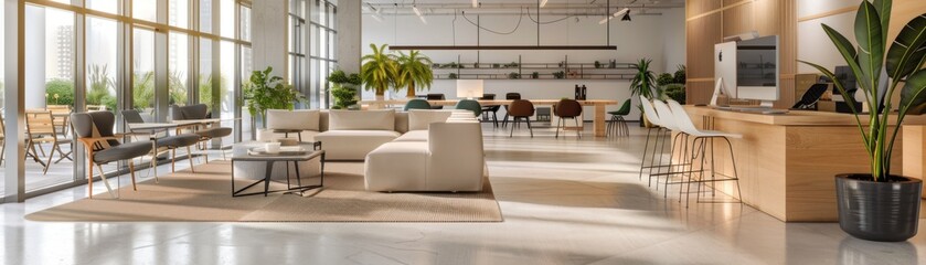 Modern open-plan office space with natural light, stylish seating areas, and green plants creating a comfortable working environment.