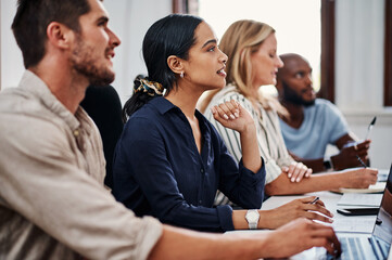 Office, attention and business people at seminar for meeting, project development or audience in...