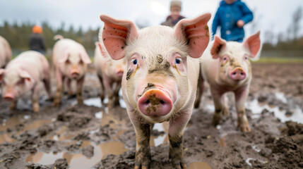 Close-up of adorable piglets exploring a muddy farm, with children playing in the background, showcasing farm life and animal behavior.