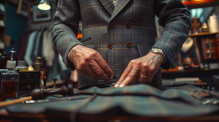 tailor adjusting suit in a professional tailoring shop, demonstrating precision and expertise in custom garment making