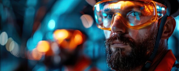 Professional team of chemists in a safety meeting at a chemical manufacturing plant, serious expressions, with industrial equipment in the backdrop