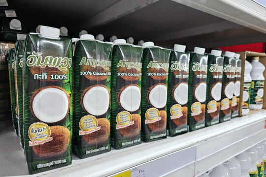 Bangkok, Thailand July 24, 2024 Ampawa coconut milk on supermarket shelf. Ampawa is a famous brand for coconut milk in Thailand.
