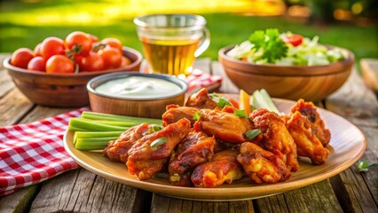 Alitas de pollo de cocina americana servidas con palitos de apio y zanahoria, salsa para mojar, sobre una mesa de picnic con tomates frescos y una cerveza. La escena al aire libre con vegetación al fo