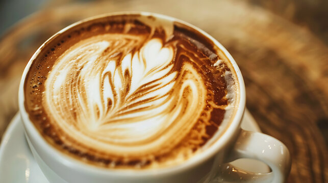Close-Up of a Freshly Brewed Latte with Artful Foam Design High Detail 