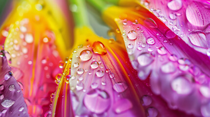 Close-Up of a Colorful Bouquet of Fresh Flowers with Dew Drops Macro Photography 