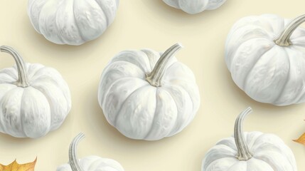 Fototapeta premium A row of white pumpkins with a yellow background