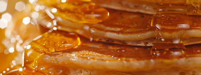 Close-Up of Classic Breakfast Pancake Stack with Maple Syrup Framed by Artistic Abstract Background 