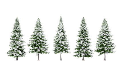Set of green trees with snow isolated on the white background, fir tree, spruce tree, Christmas trees vector, festive poster or party invitation, 3d render