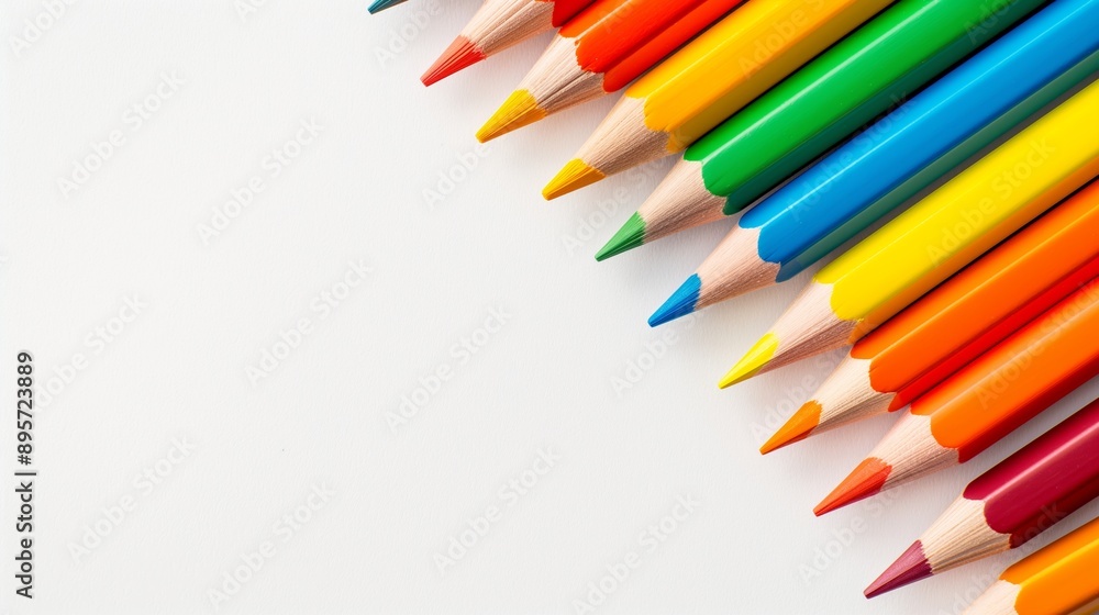 Poster a row of colorful pencils with the tip of each pencil pointing towards the right. the pencils are ar