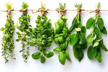 Freshly Harvested Culinary Herbs on Rope Tied with Twine Ideal for Kitchen Decor and Cooking