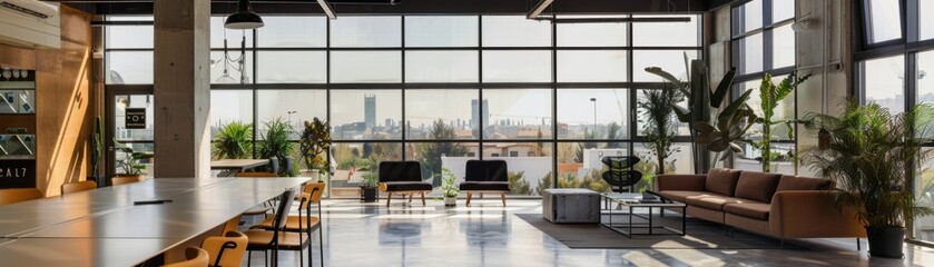 Modern open office space with large windows, natural light, greenery, and comfortable seating creating a welcoming and productive environment.
