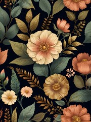 Elegant Vintage Floral Pattern with Botanical Elements on Dark Background