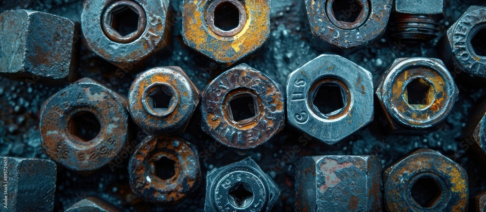 Aufkleber close-up of rusty hex nuts with different sizes