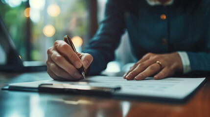 Woman's hands signing a document in an office, dissolving the document's details.