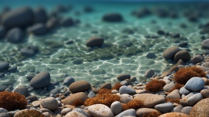 Sea from above. Clear blue water and colorful stones on seabed.