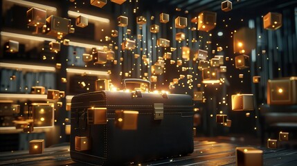 Obraz premium Black briefcase overflowing with golden data cubes,