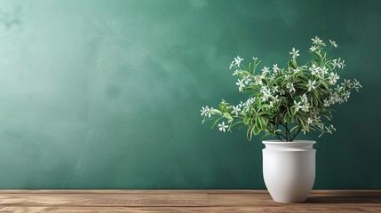 A white potted plant sits on a wooden table in front of a green wall 
