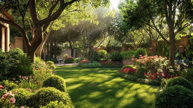 The beautiful summer garden at home boasts a stunning design with lush green trees, vibrant flowers, and a backdrop of nature bathed in sunlight during the spring, creating an enchanting outdoor space