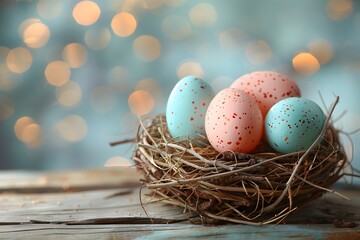 Easter Celebration: Colorful Speckled Easter Eggs in Nest - Perfect for Holiday Cards and Posters