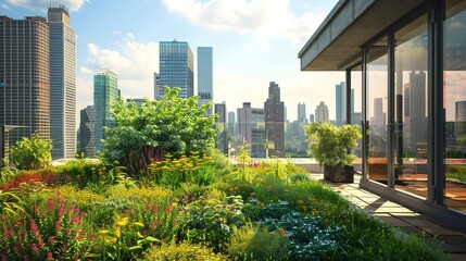 Fototapeta premium Roof garden, view of tall buildings in the big city and green roof garden
