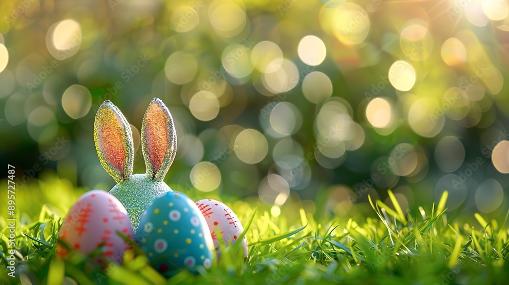 Poster Colorful easter eggs with bunny ears on green grass over bokeh background